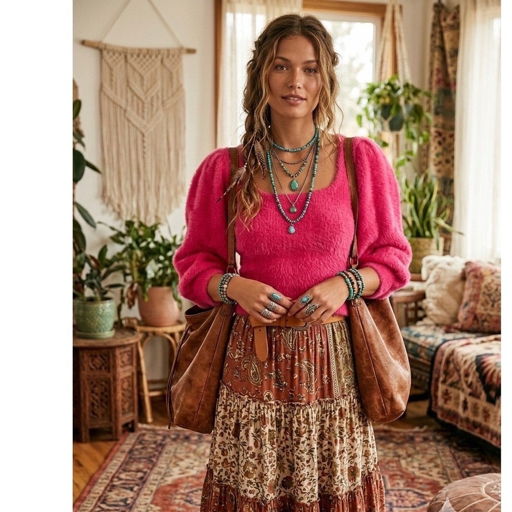 🔥Free People🩷🦋🩷 Pink Rose Fuzzy Puff Sleeve Square Neck Sweater XS NEW$98